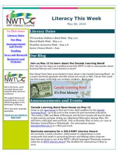 Literacy This Week May 08, 2014 In This Issue Literacy Dates Our Blog Announcements