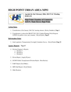 HIGH POINT URBAN AREA MPO Agenda for the February 28th, 2012 TAC Meeting 10:00 AM High Point Chamber of Commerce 1634 N. Main Street, High Point