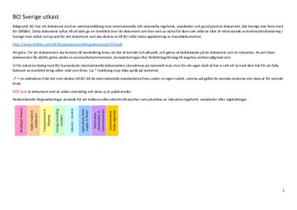 BCI Sverige utkast Bakgrund: BCI har ett dokument med en sammanställning över internationella och nationella regelverk, standarder och good practice dokument, där Sverige inte finns med för tillfället. Detta dokumen