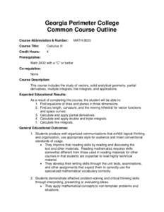 Georgia Perimeter College Common Course Outline Course Abbreviation & Number: Course Title:  Calculus III