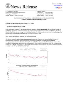 News Release U.S. Department of Labor Employment and Training Administration Washington, D.CRelease Number: USDLNAT