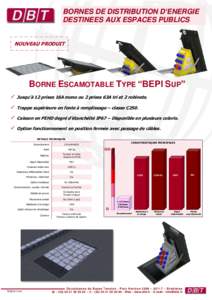 BORNES DE DISTRIBUTION D’ENERGIE DESTINEES AUX ESPACES PUBLICS NOUVEAU PRODUIT BORNE ESCAMOTABLE TYPE “BEPI SUP”  Jusqu’à 12 prises 16A mono ou 2 prises 63A tri et 2 robinets.