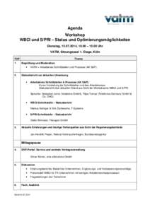 Agenda Workshop WBCI und S/PRI – Status und Optimierungsmöglichkeiten Dienstag, , 10.00 – 15.00 Uhr VATM, Sitzungssaal 1. Etage, Köln TOP