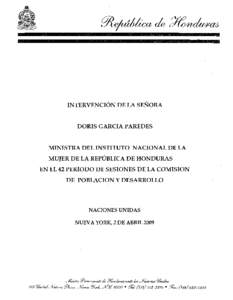 INTERVENCION DE LA SENORA  DORIS GARCIA PAREDES MINISTRA DEL INSTITUTO NACIONAL DE LA MUJER DE LA REPUBLICA DE HONDURAS