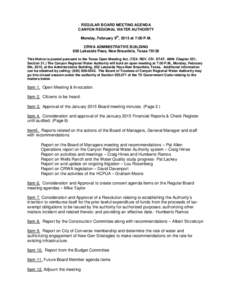 REGULAR BOARD MEETING AGENDA CANYON REGIONAL WATER AUTHORITY th Monday, February 9 , 2015 at 7:00 P.M. CRWA ADMINISTRATIVE BUILDING