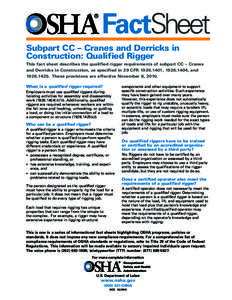 FactSheet Subpart CC – Cranes and Derricks in Construction: Qualified Rigger This fact sheet describes the qualified rigger requirements of subpart CC – Cranes and Derricks in Construction, as specified in 29 CFR 192