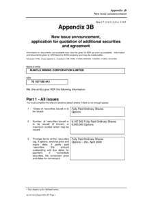 ASX Listing Rules Appendix 3B - New Issue Announcement Application for Quotation of Additional Securities and Agreement