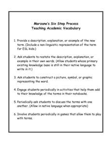 Marzano’s Six Step Process Teaching Academic Vocabulary 1. Provide a description, explanation, or example of the new term. (Include a non-linguistic representation of the term for ESL kids.) 2. Ask students to restate 