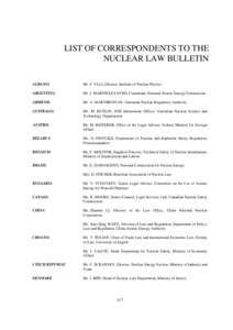 LIST OF CORRESPONDENTS TO THE NUCLEAR LAW BULLETIN ALBANIA Mr. F. YLLI, Director, Institute of Nuclear Physics