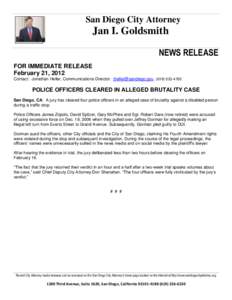 San Diego City Attorney  Jan I. Goldsmith NEWS RELEASE FOR IMMEDIATE RELEASE February 21, 2012