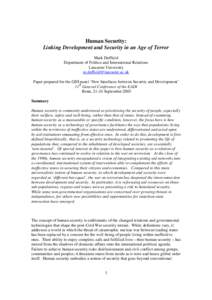 Human Security: Linking Development and Security in an Age of Terror Mark Duffield Department of Politics and International Relations Lancaster University [removed]