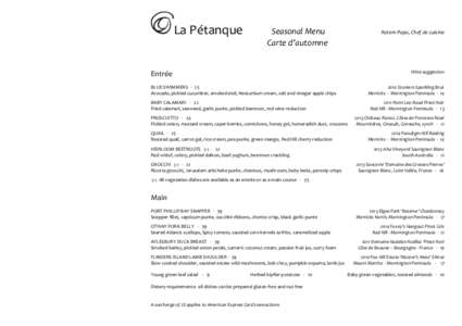 La Pétanque  Seasonal Menu Carte d’automne  Rotem Papo, Chef de cuisine