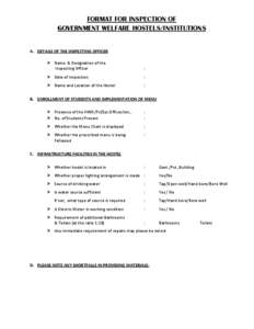 FORMAT FOR INSPECTION OF GOVERNMENT WELFARE HOSTELS/INSTITUTIONS A. DETAILS OF THE INSPECTING OFFICER  Name & Designation of the Inspecting Officer