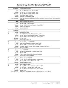 Family Group Sheet for Cornelius W DYSART Husband: Birth: Death: Marriage: Father: