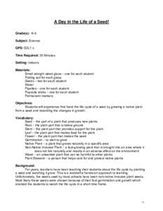 A Day in the Life of a Seed! Grade(s): K-4 Subject: Science GPS: S2L1 c Time Required: 30 Minutes Setting: Indoors