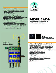 AR5006AP-G Solution Highlights • Highly integrated single chip access point solution, including integrated 32-bit MIPS R4000-class processor, multiprotocol MAC/baseband, and Radio • Support for IEEE 802.11b, 802.11g 