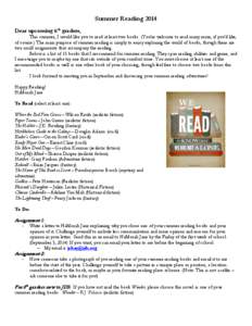 Summer Reading 2014 Dear upcoming 6th graders, This summer, I would like you to read at least two books. (You’re welcome to read many more, if you’d like, of course.) The main purpose of summer reading is simply to e