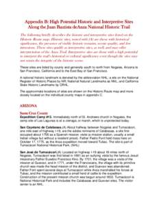 Appendix B: High Potential Historic and Interpretive Sites Along the Juan Bautista deAnza National Historic Trail The following briefly describes the historic and interpretive sites listed on the Historic Route map. Hist