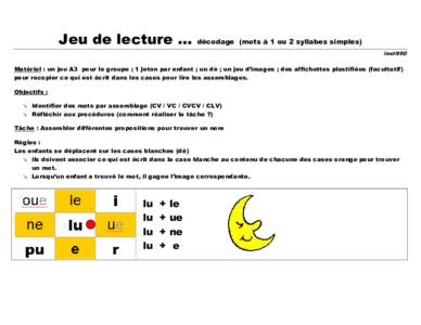 Jeu de lecture …  décodage (mots à 1 ou 2 syllabes simples) instit90  Matériel : un jeu A3 pour le groupe ; 1 jeton par enfant ; un dé ; un jeu d’images ; des affichettes plastifiées (facultatif)