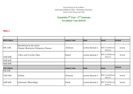 Università degli Studi di Milano International Medical school - Humanitas University Istituto Clinico Humanitas (ICH) Timetable 3th Year – 2nd Semester Accademic Year