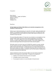 Letter July 2012 to MoT re alliance and code-share arrangements on the Auckland to Hong Kong route