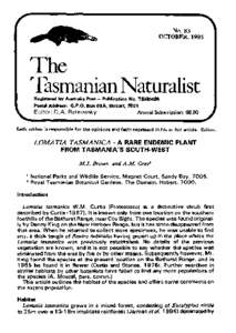 No. 83 OCTOBER, 1985 The Tasmanian Naturalist Registered by Australia Post - Publication No. TBH0495