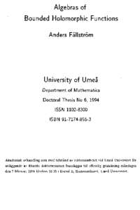 Algebras o f Bounded Holomorphic Functions Anders Fallström University o f Umeå Department of Mathematics