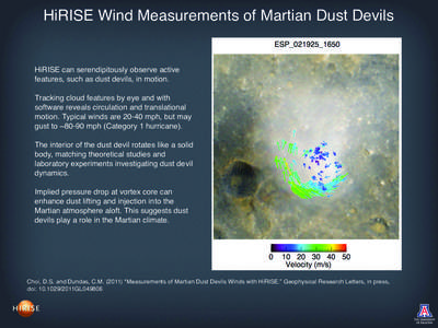 HiRISE Wind Measurements of Martian Dust Devils  HiRISE can serendipitously observe active features, such as dust devils, in motion. Tracking cloud features by eye and with software reveals circulation and translational