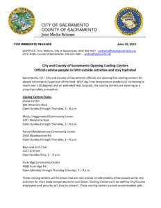 CITY OF SACRAMENTO COUNTY OF SACRAMENTO Joint Media Release FOR IMMEDIATE RELEASE  June 30, 2013