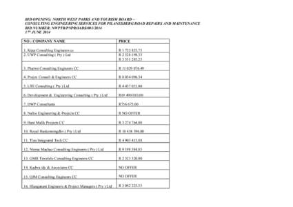 BID OPENING: NORTH WEST PARKS AND TOURISM BOARD – CONSULTING ENGINEERING SERVICES FOR PILANESBERG ROAD REPAIRS AND MAINTENANCE BID NUMBER: NWPTB/PNPROADS[removed]17th JUNE 2014 NO : COMPANY NAME