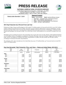 PRESS RELEASE NATIONAL AGRICULTURAL STATISTICS SERVICE United States Department of Agriculture • Washington, DC[removed]Northwest Regional Field Office • Olympia, WA[removed]Ag Statistics Hotline: [removed] • www.