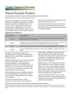 Natural Pesticide Products Diane Relf, Extension Specialist, Environmental Horticulture Natural pesticidal products, also called botanical pesticides, are available as alternatives to synthetic chemical formulations. Alt