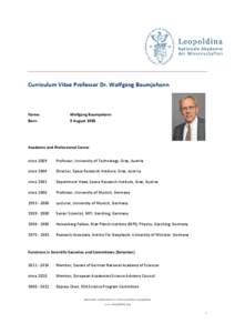 Curriculum Vitae Professor Dr. Wolfgang Baumjohann  Name: Wolfgang Baumjohann