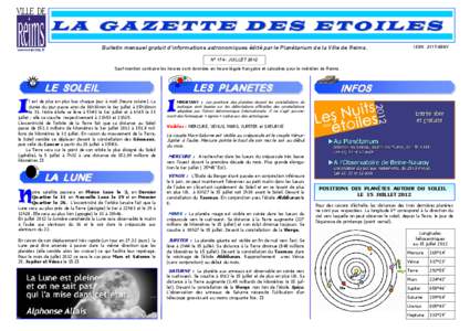 L A G A Z E T T E D E S E T O IL E S www.reims.fr Bulletin mensuel gratuit d’informations astronomiques édité par le Planétarium de la Ville de Reims.  ISSN 2117-699X