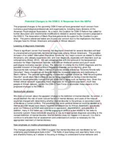 Potential Changes to the DSM-5: A Response from the ABPsi The proposed changes to the upcoming DSM-5 manual have generated much concern from numerous psychological professionals and organizations, including many division