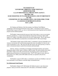 STATEMENT OF GOVERNOR CHRISTINE TODD WHITMAN, ADMINISTRATOR, U.S. ENVIRONMENTAL PROTECTION AGENCY BEFORE THE SUBCOMMITTEE ON WATER RESOURCES AND ENVIRONMENT OF THE COMMITTEE ON TRANSPORTATION AND INFRASTRUCTURE: U.S. HOU