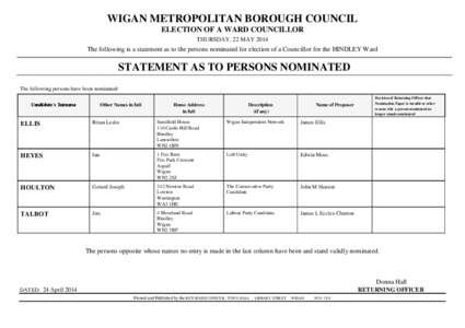 WIGAN METROPOLITAN BOROUGH COUNCIL ELECTION OF A WARD COUNCILLOR THURSDAY, 22 MAY 2014 The following is a statement as to the persons nominated for election of a Councillor for the HINDLEY Ward