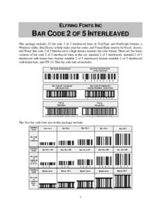 ELFRING FONTS INC  BAR CODE 2 OF 5 INTERLEAVED This package includes 25 bar code 2 of 5 interleaved fonts in TrueType and PostScript formats, a Windows utility, Bar25i.exe, to help make your bar codes, and Visual Basic m