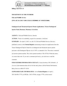 This document is scheduled to be published in the Federal Register onand available online at http://federalregister.gov/a, and on FDsys.gov Billing Code 4333–15