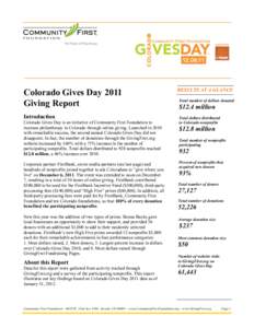 Colorado Gives Day 2011 Giving Report Introduction Colorado Gives Day is an initiative of Community First Foundation to increase philanthropy in Colorado through online giving. Launched in 2010 with remarkable success, t
