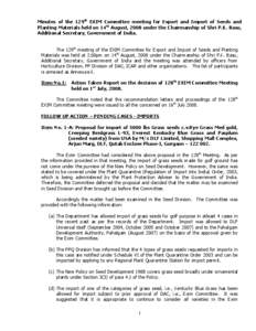 Minutes of the 129th EXIM Committee meeting for Export and Import of Seeds and Planting Materials held on 14th August, 2008 under the Chairmanship of Shri P.K. Basu, Additional Secretary, Government of India. The 129th m