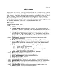 9 July, 2001  ARGOS Emails Profiling floats, once surfaced, continually transmit its profile data to satellites passing overhead until its next descent. A particular profile data set can contain 15 messages (the number d