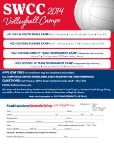 2014 Volleyball Camps JR. HIGH & YOUTH SKILLS CAMP l 5th - 8th grade l June 30-July 2 l 1-3 p.m. l Cost: $75 HIGH SCHOOL PLAYERS CAMP l 9th - 12th grade l July 7-9 l 2-4:30 p.m. l Cost: $90 HIGH SCHOOL VARSITY TEAM TOURN