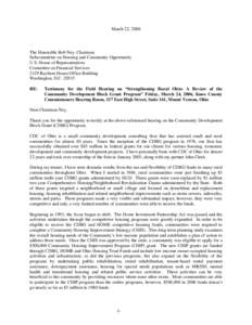 March 22, 2006  The Honorable Bob Ney, Chairman Subcommittee on Housing and Community Opportunity U.S. House of Representatives Committee on Financial Services