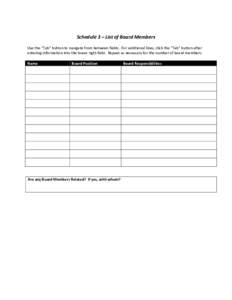 Schedule 3 – List of Board Members Use the “Tab” button to navigate from between fields. For additional lines, click the “Tab” button after entering information into the lower right field. Repeat as necessary f