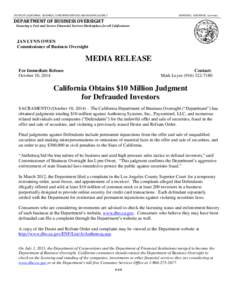 California Department of Business Oversight - California Obtains $10 Million Judgment for Defrauded Investors