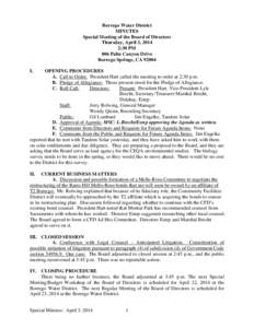 Borrego Water District MINUTES Special Meeting of the Board of Directors Thursday, April 3, 2014 2:30 PM 806 Palm Canyon Drive