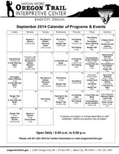 September 2014 Calendar of Programs & Events Sunday Monday  Tuesday