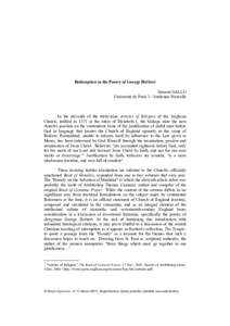 Redemption in the Poetry of George Herbert Simeon GALLU Université de Paris 3 - Sorbonne Nouvelle In the eleventh of the thirty-nine Articles of Religion of the Anglican Church, ratified in 1571 at the order of Elizabet