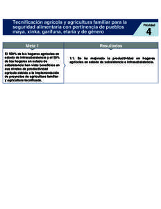 Tecnificación agrícola y agricultura familiar para la seguridad alimentaria con pertinencia de pueblos maya, xinka, garífuna, etaria y de género Meta 1 El 100% de los hogares agrícolas en estado de infrasubsistencia
